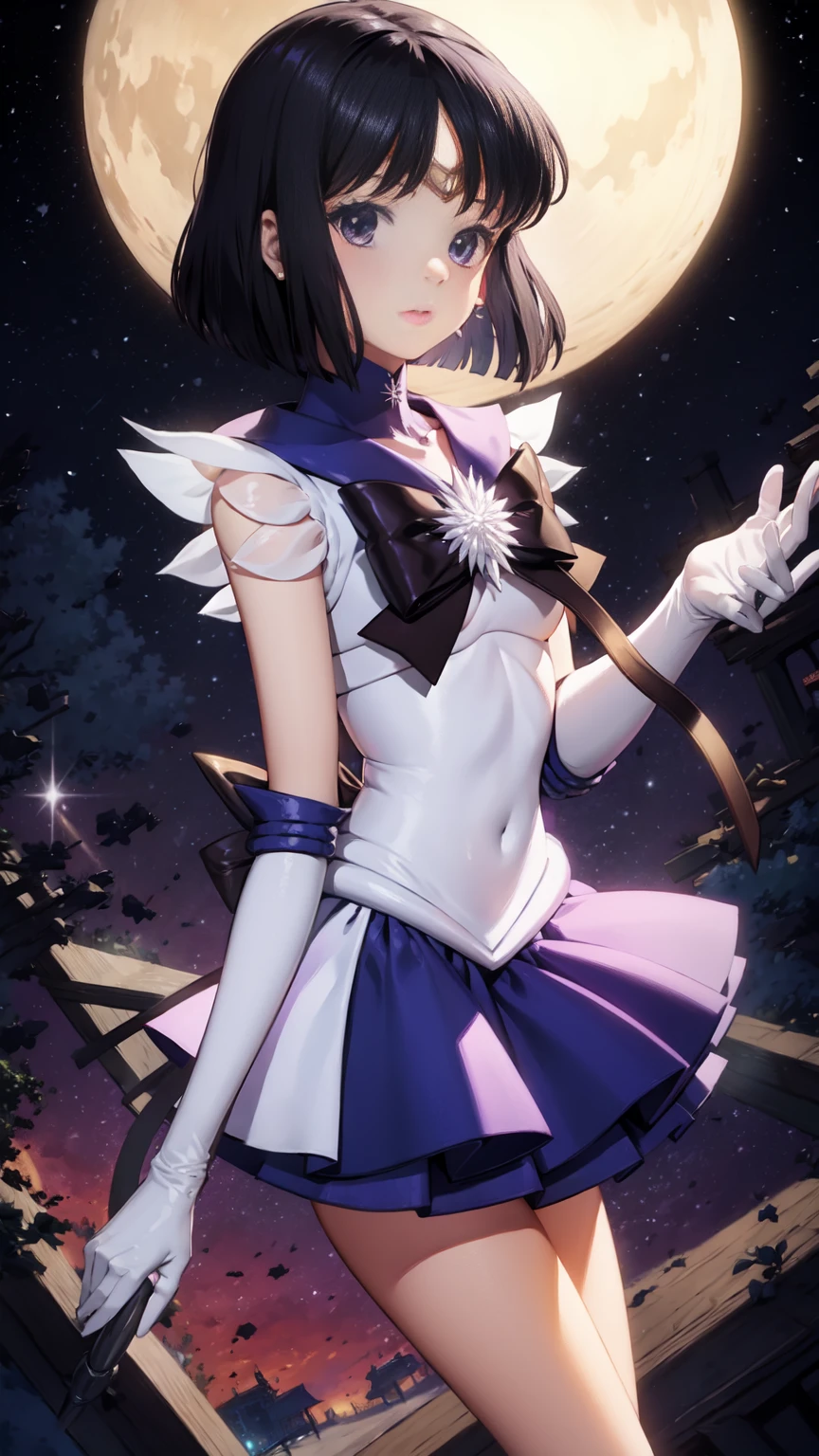 Sailor Saturn, purple sailor collar, sailor collar, senshi sailor uniform, gold tiara on the forehead, Tomoe Hotaru, space, silence_elsword,, (work of art:1.2), (better_品質:1.2), (ultra_detailded:1.3), 8K, extremely_clearing,
