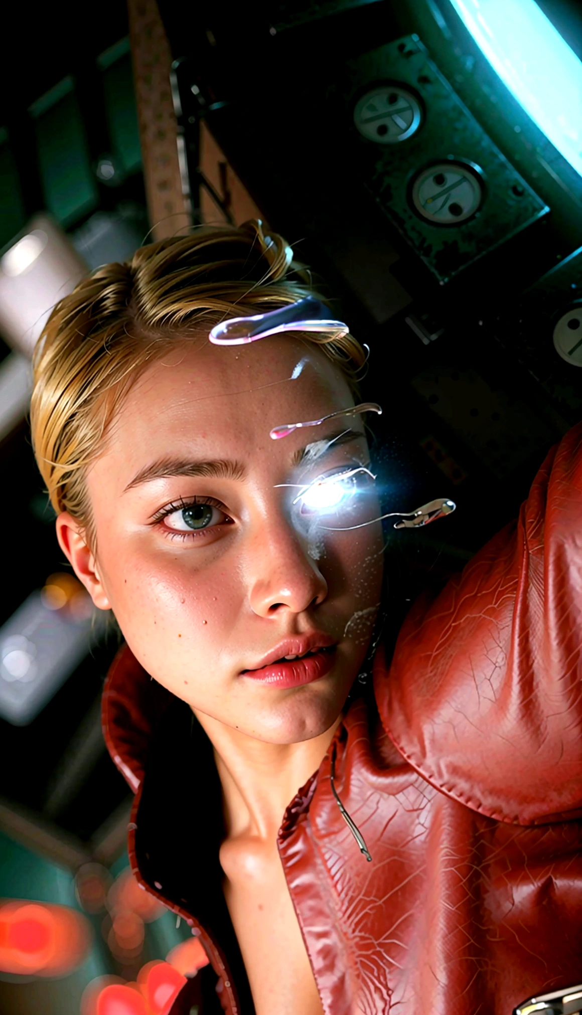 Blonde woman in leather jacket leaning against a wall with a neon light, Kristanna Loken, fatalidad cara hermosa, 