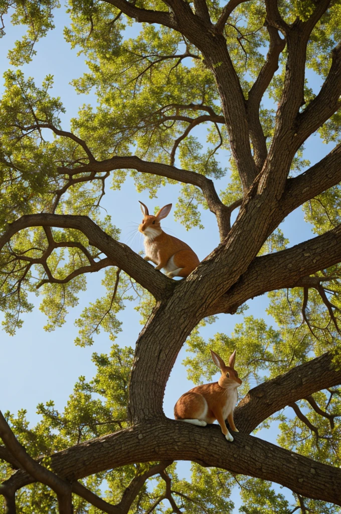 Red rabbit in a sprawling oak tree