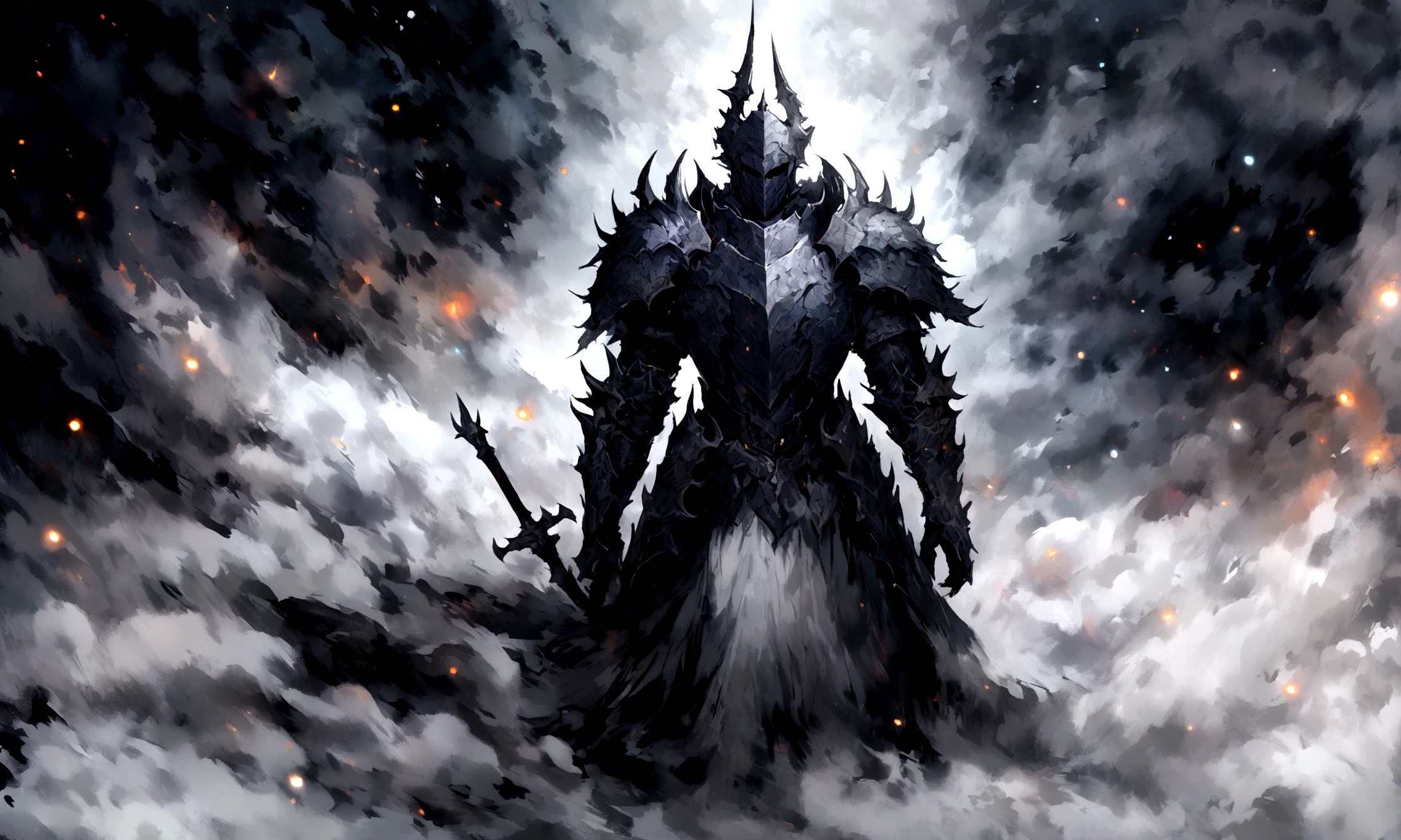 Create an impressionist painting of a spooky warrior knight, snow, Space Ash, Artistic, complicated,fog