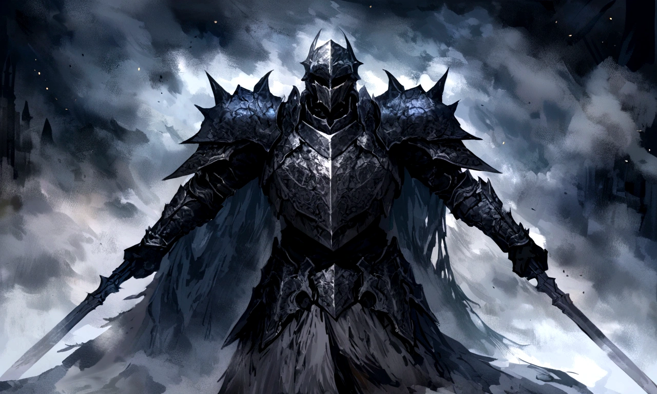Create an impressionist painting of a spooky warrior knight, snow, Space Ash, Artistic, complicated,fog