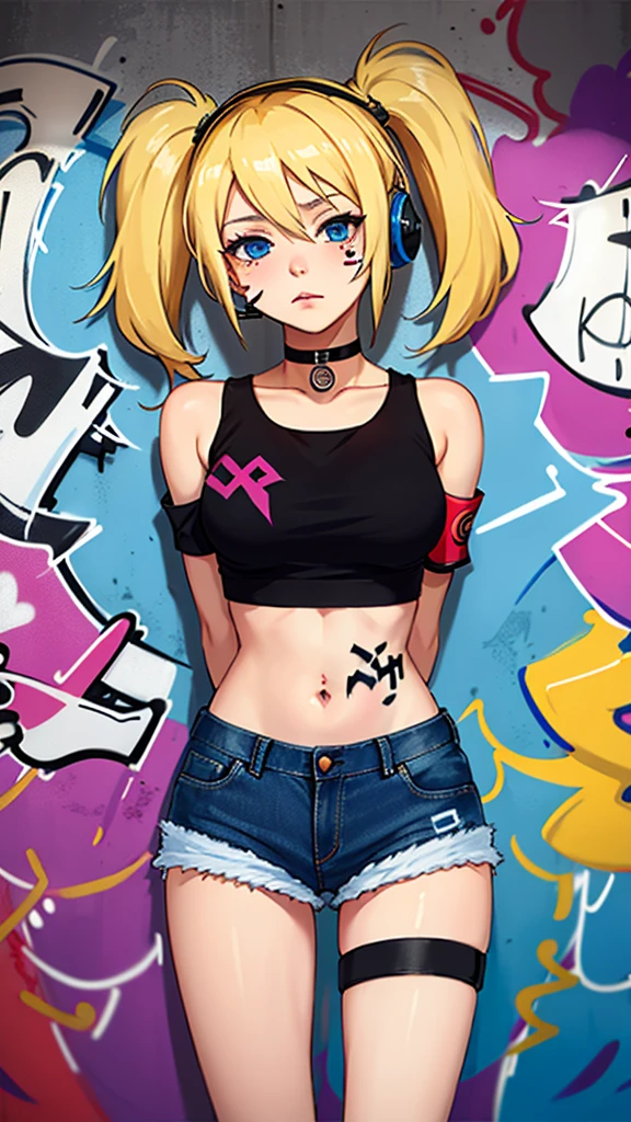 masterpiece, best quality, 1girl, solo, crop top, denim shorts, choker, (graffiti:1.5),  arms behind back, against wall, looking at viewer, armband, thigh strap, head tilt, bored, Blonde hair, blue eyes, headset, chichi.