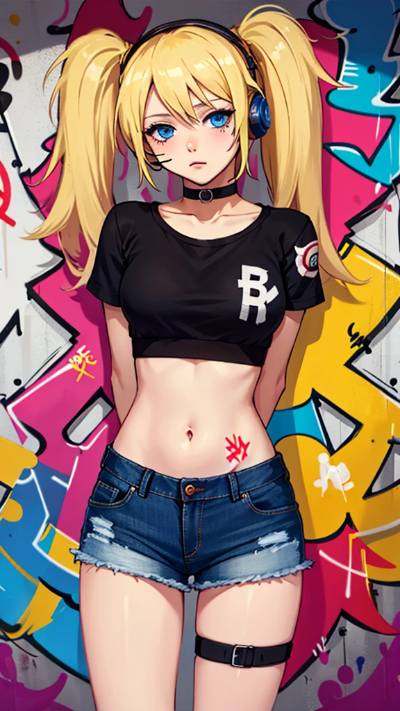 masterpiece, best quality, 1girl, solo, crop top, denim shorts, choker, (graffiti:1.5),  arms behind back, against wall, looking at viewer, armband, thigh strap, head tilt, bored, Blonde hair, blue eyes, headset, chichi.