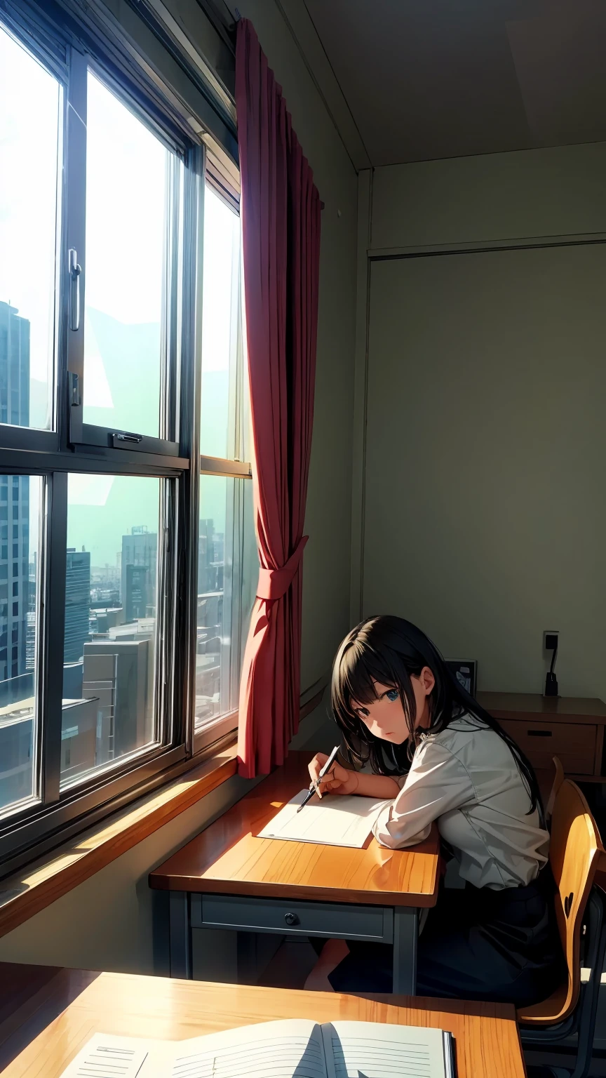 8K, RAW Photos, Highest quality, masterpiece: 1.2), High-quality RAW color photos, Professional photography, Marine.webp、Studying for an exam at a desk、Coloring with pen on notebook々Writing、Not much progress、The expression is a troubled face、The room is on the top floor of a high-rise apartment building.、A desk by the window、There are no curtains、The night view looks beautiful.、