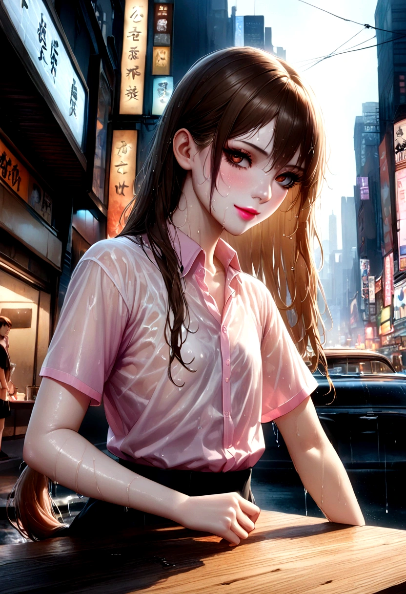 (On the table), (high quality), 32k resolution, (realism), (Reality), (Maximum resolution), Ultra HD, (masterpiece), (best high quality real texture skin:1.2, A Miss with velvety skin:1.2), 1. Miss, Supermodel, 16 years old, Japanese Miss, High school girl, Thin body, Perfect的解剖结构:1.37, ((A soaked pink shirt:1.33)), (Soaking Blonde:1.2), (Soaking wet hair:1.2), (Wet and shiny hair:1.2), ((Wet shirt showing skin:1.2)), (The moistest skin:1.2), ((Ultra-high resolution, Realistic splashes:1.24)), (Perfect、最自然的Ultra-high resolution水花:1.2), (I am the happiest、The funniest smile&#39;I have seen:1.3), ((very Heavy rain:1.33)), ((Heavy rain:1.33))、((Dewey, Radiant Skin:1.25)), ((Soaking wet Miss:1.24)), (Intense blurred vibrant Shibuya city background:1.1), (The background is very blurry:1.1), ((shut your mouth)), (Bright and pale complexion), Symmetrical Eye, ((the most absurd quality perfect Eye:1.3)), (Ultra-detailed, thin, sharp dial), (Pale), ((极其细致清晰锐利不模糊Perfect圆形逼真棕色_Eye:1.4)), Delicate lips:1.3, (Long eyeliner), (pink_Lipstick:1.25), ((Perfect的黑暗_Eyehadow:1.3)), (Delicate nose:1.2), Perfect构图, (flat chest:1.21), (The lower body is slim), ((Bright brown_hair:1.35)), Let your bangs hang down, ((pony tail hair:1.31)), ((Clear focus)), Dramatic lighting, ((Cowboy shooting:1.4)), 
