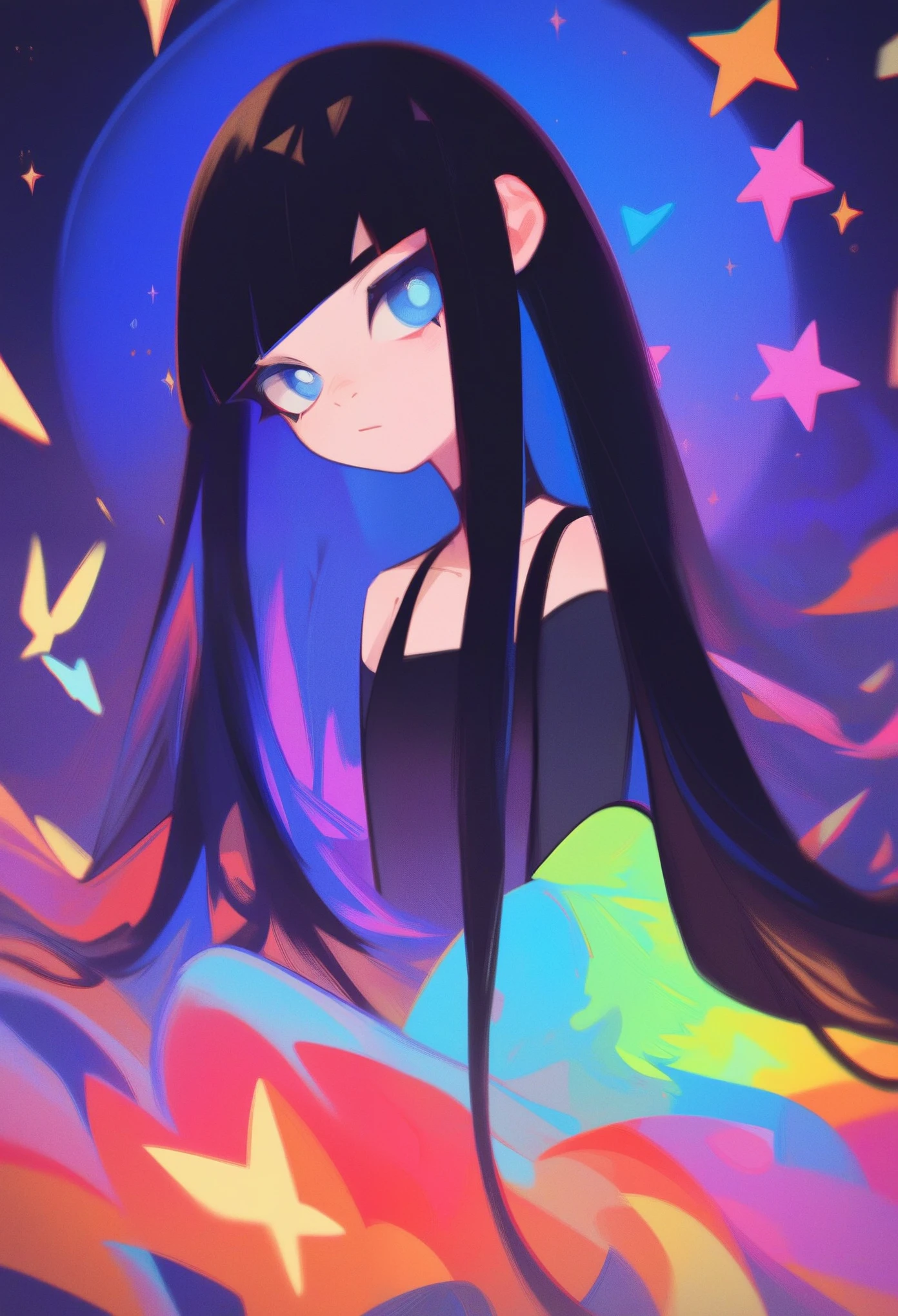 muse_style, score_9, score_8_up, score_7_up, score_6_up, score_5_up, score_4_up, hd, (ultra hd quality details), 8K, 1girl, Lob (long bob), small , flat chest, Thin-legged body, blue eyes, Black hair, chromatic aberration, colorful, bright colors,, 2d illustration, pastel colors,