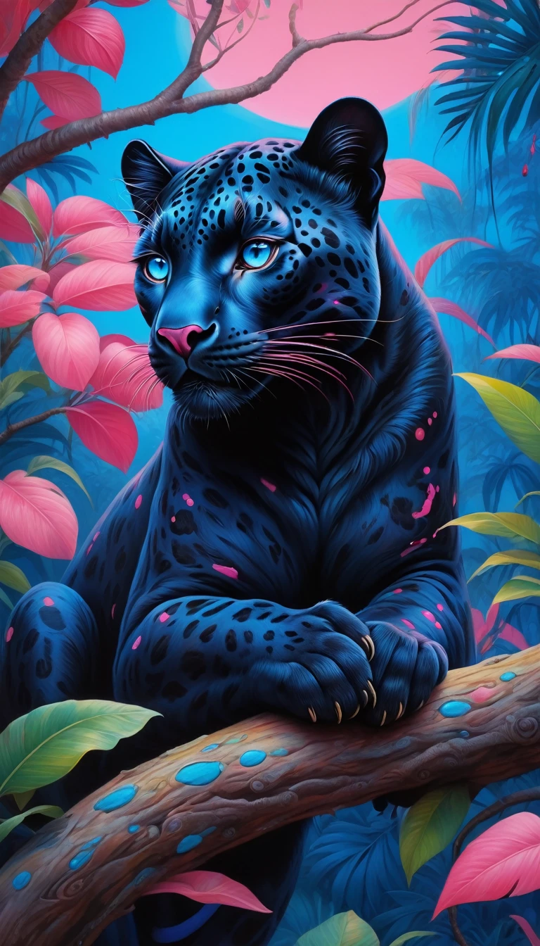 The black leopard sat only on the branch, in the style of vibrant pop surrealism, Royal blue eyes,light pink and light crimson, realistic hyper-detail, enigmatic tropics, thick paint layers, realistic depictions, dot-painted colors, optical blending