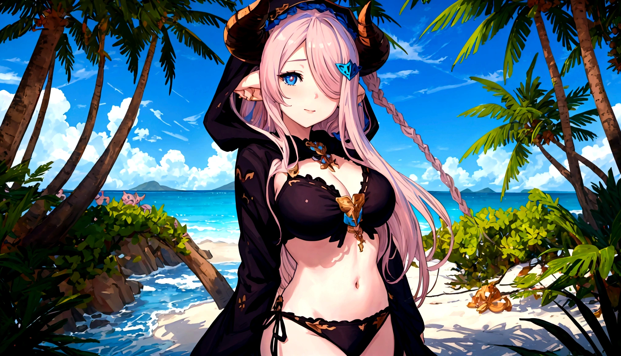 Vibrant, high-definition anime-style illustration set on a tropical beach. The layout features a central female character, Narmaya, with long pink hair, partially covered by a hooded cloak adorned with brown horns. She has fair skin, large expressive blue eyes and pink pupils, and a small blue butterfly hair clip. One eye is covered by her hair. The character is wearing a revealing black bikini with gold accents, and her hands are holding the edges of her cloak. The background showcases a pristine beach with white sand, lush green foliage, and tall palm trees. The clear blue sky and turquoise ocean complete the idyllic setting, with distant islands visible on the horizon. Narmaya and her attire are meticulously detailed. The intense effort put into shading brings this image to a realistic style. Gorgeous vibrant colors draw the eye. Narmaya's suggestive stance brings the viewers focus to her large and perfectly shaped breasts.
(masterpiece), best quality, expressive eyes, perfect face, suggestive pose, purple and pink background, seductive, fantasy, 8k, absurdres, narmaya, pink hair, blue eye with pink pupil, hair over eye, draph, horns, butterfly hair clip, black bikini, hood, defined hands, perfect hands, perfect fingers,