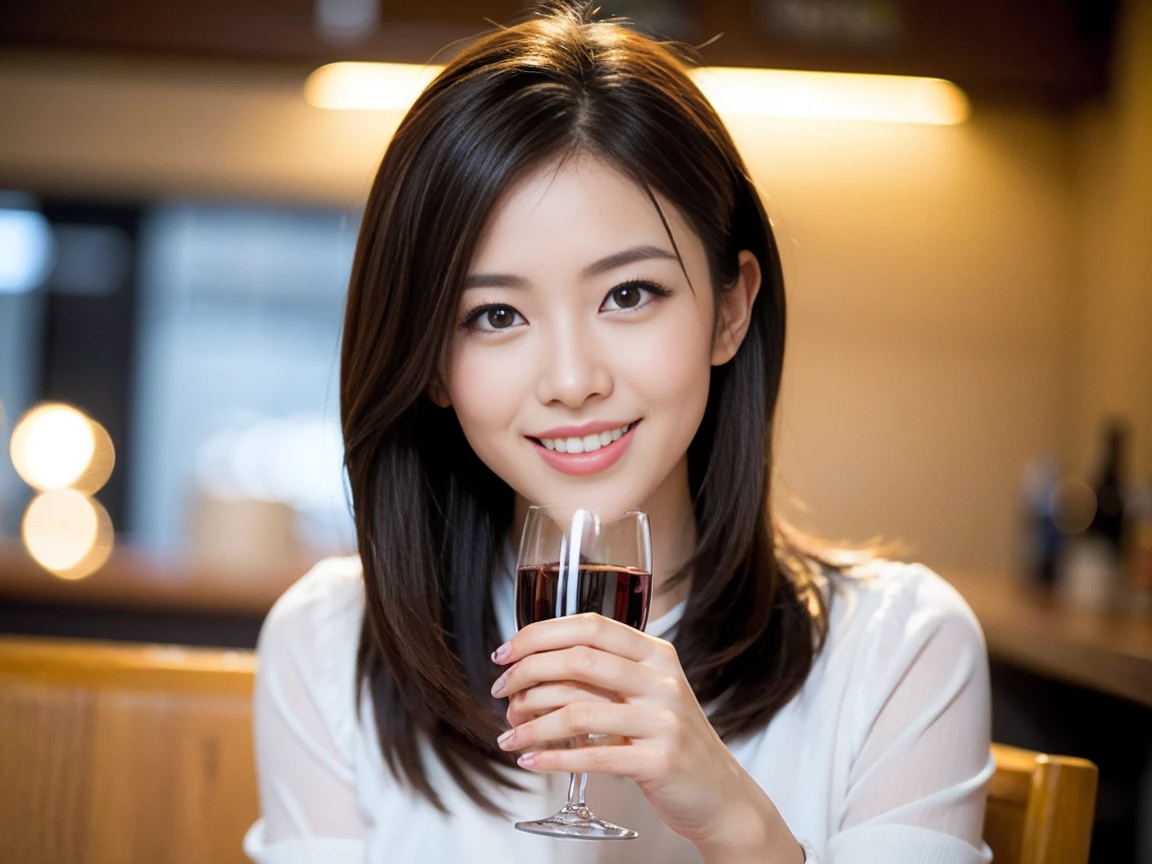 ((Highest quality、8K、masterpiece:1.3))、Beautiful woman who looks like Satomi Ishihara、1 male、1 female、Couple、spouse、half、The body is slim、((Bob Hale、Straight hair:1.2)), (Realistic, Intricate details:1.2), テーブルの上のwine glass、Put the light on your face、 Amazing view of the sunset sky and clouds、Amazing mountain views、A bright smile、The wonderfulness of smile、Bright image、The beauty of wine, Beautiful Face, blue eyes, The light shines on your face, Blushing, short hair,Bright Face、 (Age 37), 39 years old, red wine 、Appetizers、Italian food、Wine bottle、Champagne、sparkling wine、Two beauties、Brown Hair、Shortcuts、Long sleeve shirt、dress、Beautiful woman 1, (slimな顔), (The body is slim), (Brown Hair), (Shortcuts), cheeks turn a little red,Attractive beauty、restaurant, In a prominent place (From the waist up) Nova Frog Style, actress, model, Upper Body, White wine, slim, wine glass, A wine glass placed in the center, smile, (smile: 1.15), Beautiful fine grain, Depth f/2,saturation, High Contrast, Strong light and shadow,Moist Body:1.5、3D texture、Delicate eyes、Brown Hair、The hair is very shiny、