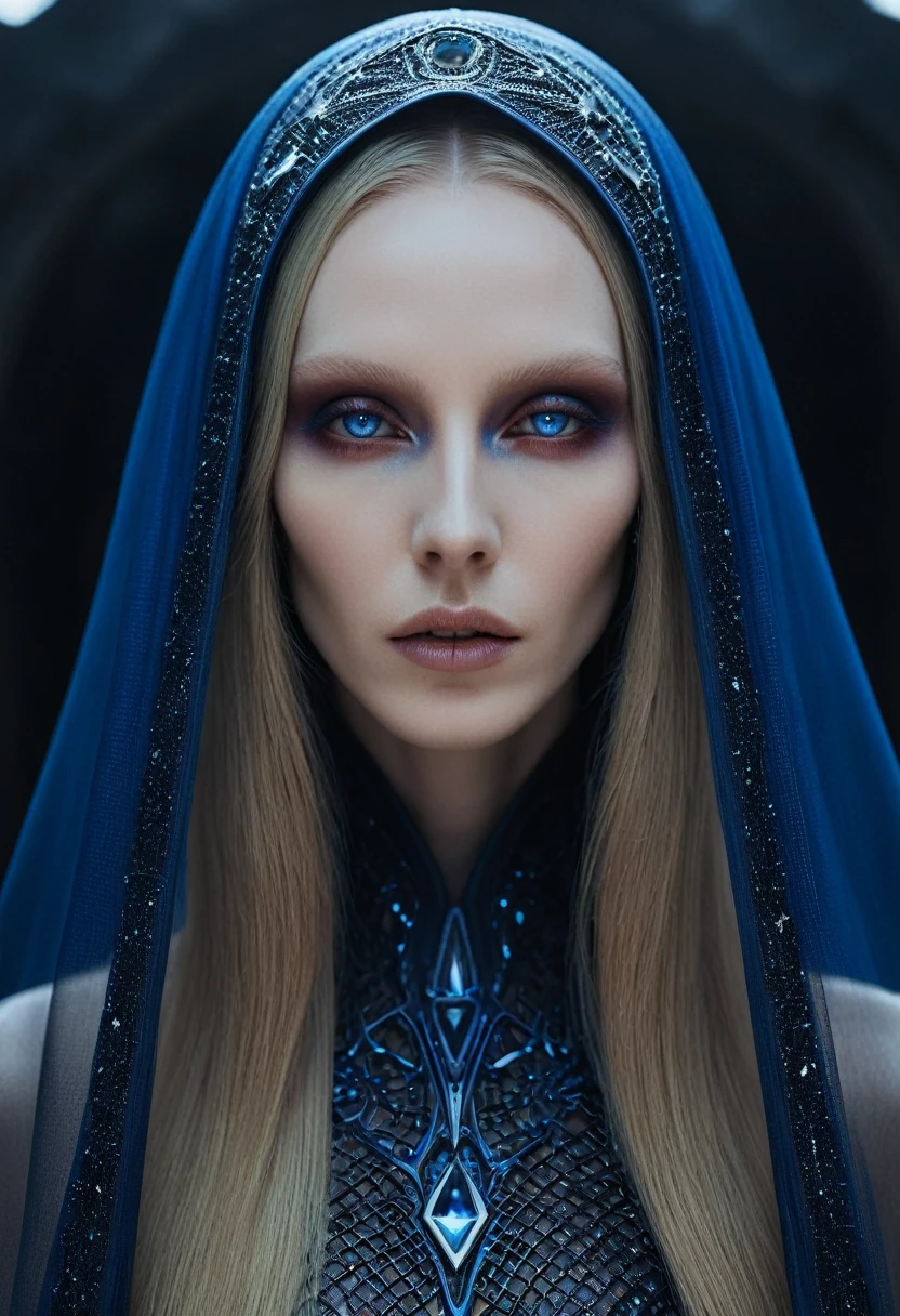 Fashionable portrait of androgynous alien looking witch wearing veil, pale skin, long dark blond hair, glowing eyes, futuristic design, minimal details, givenchy, photoreal, 200mm, hd, f/ 2.0, highly detailed, surreal , drop dead, in the style of red and blue, (intricate details, hyperdetailed:1.15) (skin texture:1.2) 