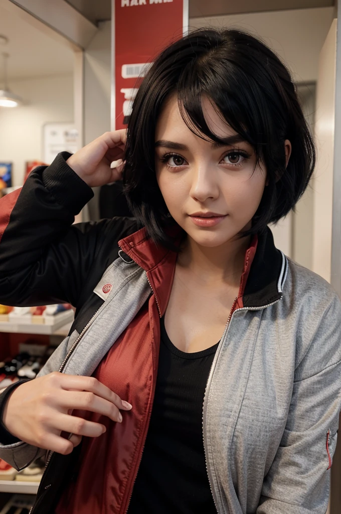 beautiful girl, wearing a red jacket, short black and white hair, hands in jacket pocket, image 2783. times 5893, girl distance 3 meters, selling anime images