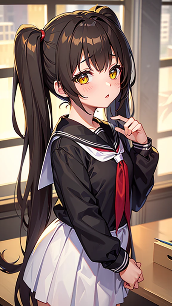 , Brown twintail hair, yellow eyes, student
