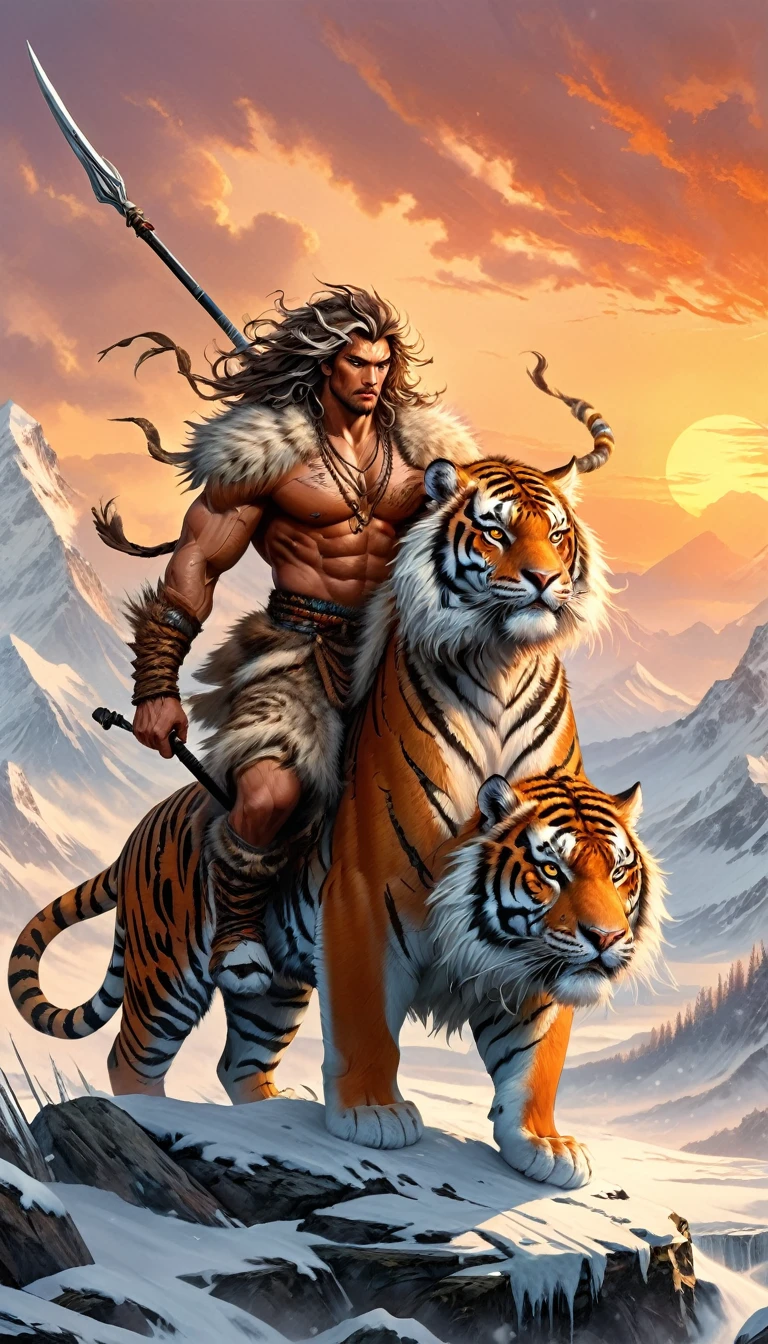 Visualize an enthralling fantasy illustration centered on a formidable wild man who exudes untamed energy. His hair is disheveled, his expression fierce and full of life, eyes sharp and piercing. His muscular and sculpted body is clad in warm winter garments crafted from heavy fur, artfully blending traditional Chinese design motifs with contemporary elements like deliberately ripped fabrics, implying a story of survival and strength.
Atop a large and majestic tiger he rides, its fur adorned with complex and beautiful patterns that speak of its noble lineage and mystical origin. In his grip is a long spear, suggesting his readiness for the challenges ahead. They traverse a stark snowy landscape, the untamed wilderness around them alight with the warm hues of a setting sunset, hinting at a blend of harshness and beauty in their world."
