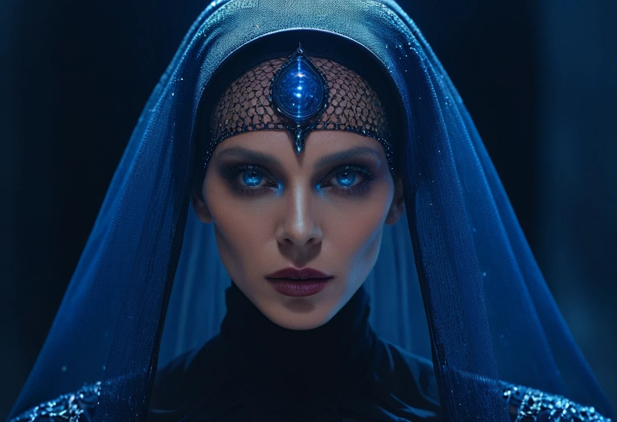 Fashionable portrait of androgynous alien looking witch wearing veil, glowing eyes, futuristic design, minimal details, givenchy, photoreal, 200mm, hd, f/ 2.0, highly detailed, surreal , drop dead, in the style of red and blue, (intricate details, hyperdetailed:1.15) (skin texture:1.2), cinematic, professional, 4k,