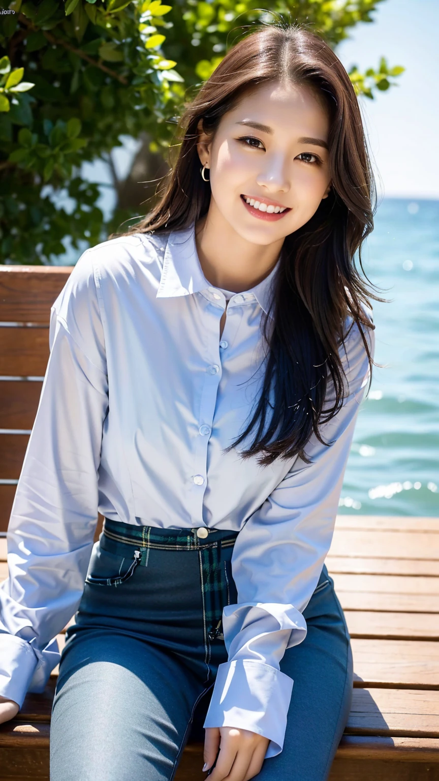 (8K), (best quality: 1.2), (realistic), (realistic: 1.37), ultra high resolution, 1 girl, cute, laugh, closed mouth, beautiful details, beautiful nose, wet hair, red lip,one point piercing,huge two cells, pork, thighs，Self Snap,College student ,sunny day,I can see the sea,sitting on bench,cross one&#39;s legs,look down,from above,(Simple dark gray blazer 1),(dark gray pleated skirt),(Dark Blue Bow Tie),(The skirt pattern is a tartan check pattern....:1.3),濡れたthighs,Knee High Tights,(thighsにクローズアップ1.2)