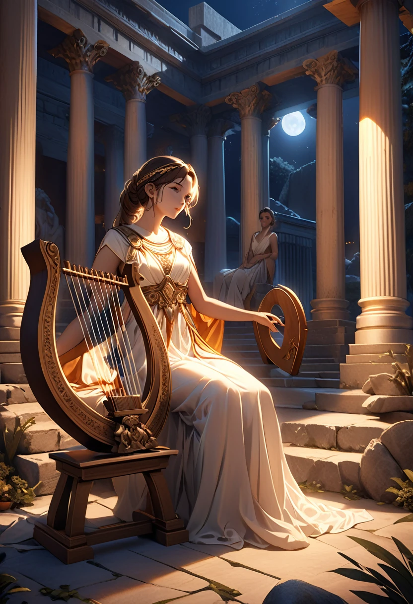 a young priestess, sitting, playing a large lyre, ancient Greek temple, late at night, highly detailed, photorealistic, dramatic lighting, intricate architecture, ornate decorations, warm color palette, golden accents, soft fabric textures, mesmerizing expression, elegant pose, cinematic composition, volumetric lighting, dramatic shadows, mystical atmosphere, hyperrealistic, award-winning art