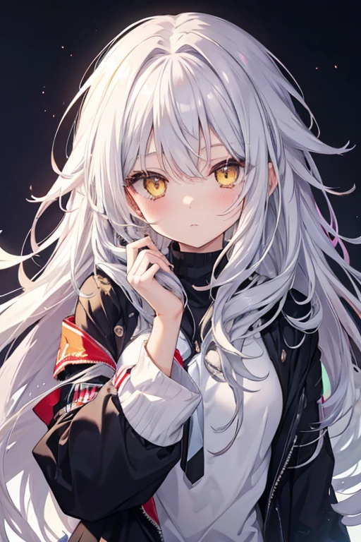 girl, cute anime girl, silver hair, messy hair, long hair, straight front hair, yellow eyes