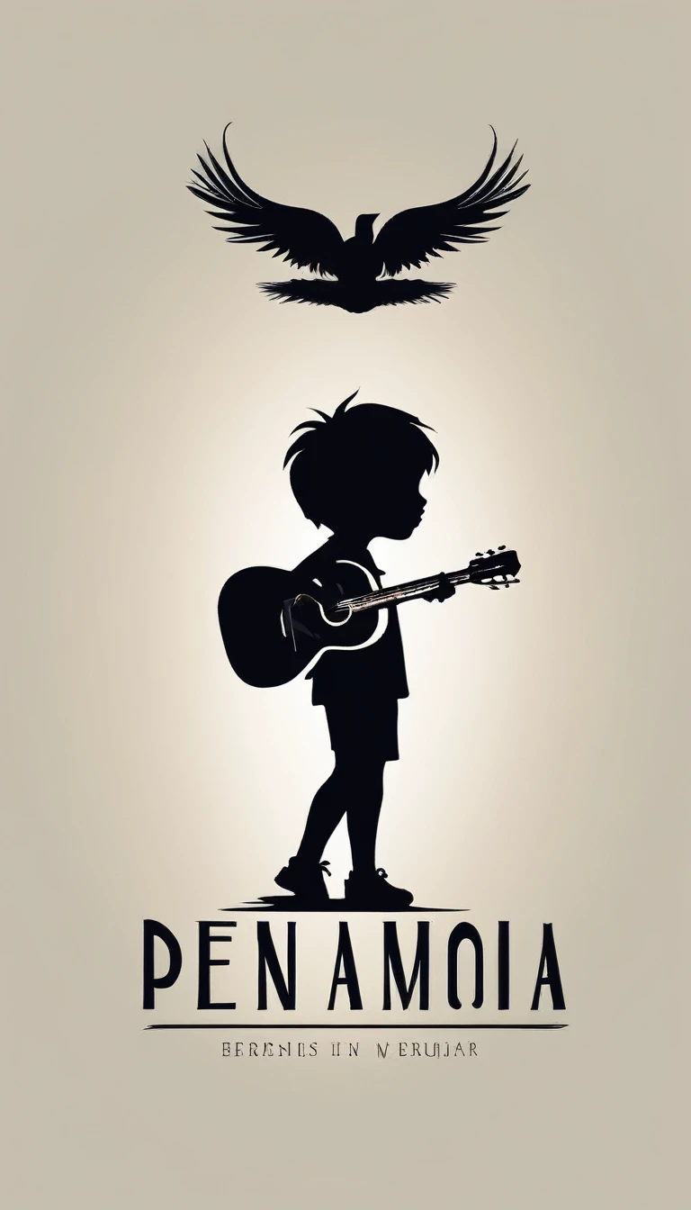 Create a Minimalistic logo design for a brand about music and movies called " Penamemoria". The logo is the front view of the silhouette of a boy bowing with an acoustic guitar. A feather is close to the boy. The logo must convey a sense of storytelling, memories and dreams. Minimalistic logo design impressed on a book cover