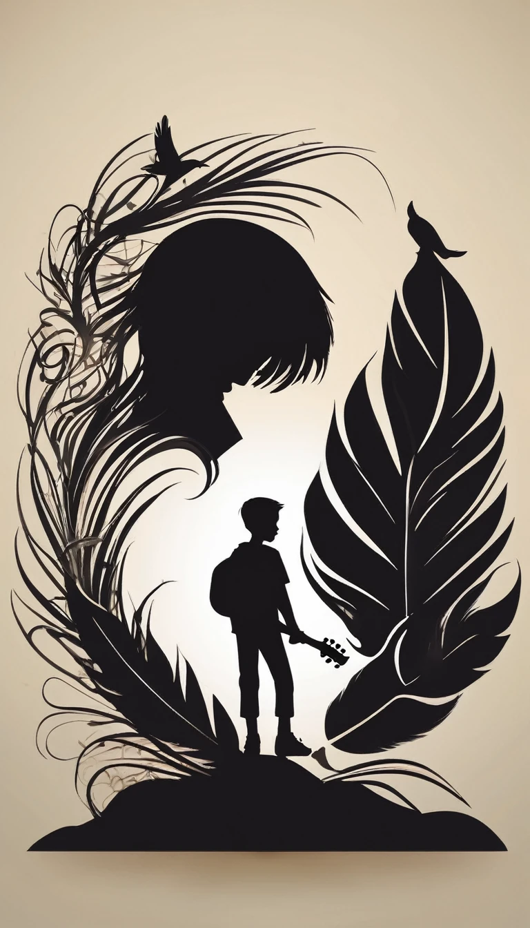 Create a Minimalistic logo design for a brand about music and movies called " Penamemoria". The logo is the front view of the silhouette of a boy bowing with an acoustic guitar. A feather is close to the boy. The logo must convey a sense of storytelling, memories and dreams. Minimalistic logo design impressed on a book cover