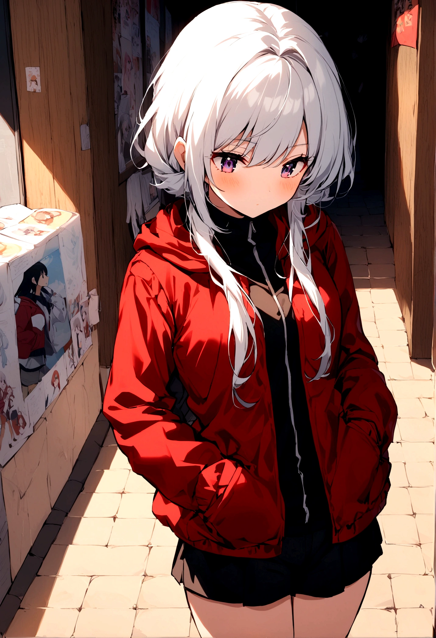beautiful girl, wearing a red jacket, short black and white hair, hands in jacket pocket, image 2783. times 5893, girl distance 3 meters, selling anime images