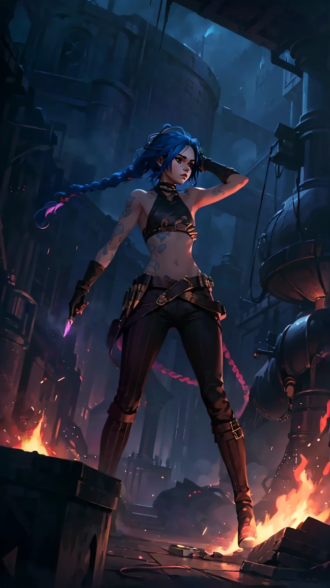(masterpiece, Best quality), 1 girl, portrait, very sexy, crazy look, smile, crying, pink tears, tears on the cheeks, tears from eyes, full length (full body 1.1.), очень feminine, fighting stance, battle, fire, explosions, burning city, Beautiful waist, gloomy composition, flame, fire, Flash, very beautiful, feminine, long hair, hair braided in long braids, very sexy, tight leather pants, emphasis on the eyes, emphasis on the face, Beautiful face, Hands, Hair, Haired ponytail, red purple eyes, Джинкс crying, Blue cloud tattoo, (masterpiece, Best quality), Side lighting, beautiful detailed eyes, crazy face), (Best quality), (masterpiece), magic photography, Spectacular lighting, Photorealism, ultra detailed, интимная portraitная композиция, 1. 4,8 k UHD, aesthetic, Cd., A high resolution, 8 k, better lighting, Best shade, Ultra-HD, A high resolution, sharp focus, Complex background, Cinematic lighting, ((Landscape view)), 4K block, (better lighting), ((Cinematic lighting)),