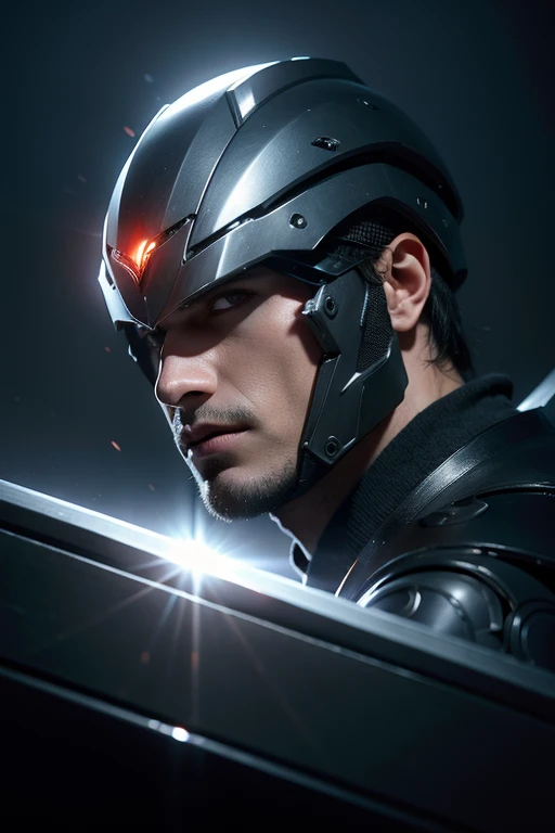 a highly detailed portrait of a male assassin, futuristic full-face helmet, glowing visor, sleek cyberpunk-style armor, dark moody atmosphere, dramatic lighting, cinematic composition, hyper-realistic, dark gritty, moody dramatic, dystopian neo-noir, intricate details, intricate design, mechanical industrial, advanced technology, complex patterns, (best quality,4k,8k,highres,masterpiece:1.2),ultra-detailed,(realistic,photorealistic,photo-realistic:1.37)