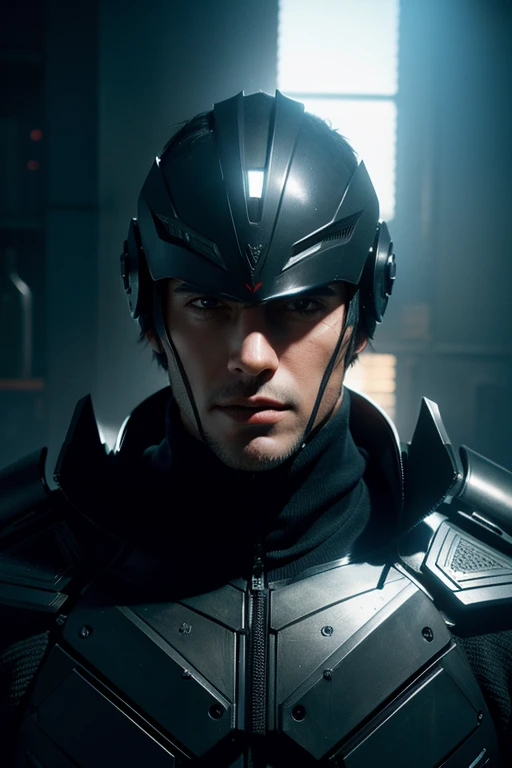 a highly detailed portrait of a male assassin, futuristic full-face helmet, glowing visor, sleek cyberpunk-style armor, dark moody atmosphere, dramatic lighting, cinematic composition, hyper-realistic, dark gritty, moody dramatic, dystopian neo-noir, intricate details, intricate design, mechanical industrial, advanced technology, complex patterns, (best quality,4k,8k,highres,masterpiece:1.2),ultra-detailed,(realistic,photorealistic,photo-realistic:1.37)