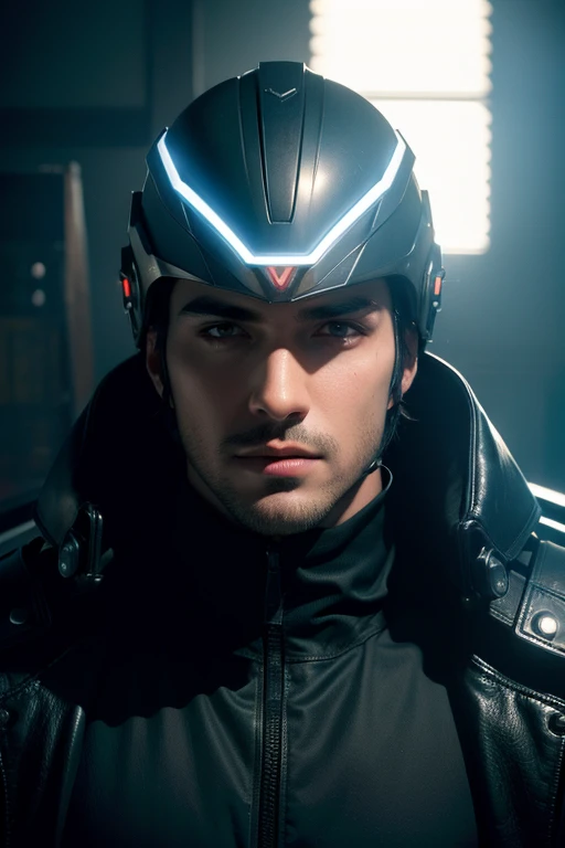 a highly detailed portrait of a male assassin, futuristic full-face helmet, glowing visor, sleek cyberpunk-style armor, dark moody atmosphere, dramatic lighting, cinematic composition, hyper-realistic, dark gritty, moody dramatic, dystopian neo-noir, intricate details, intricate design, mechanical industrial, advanced technology, complex patterns, (best quality,4k,8k,highres,masterpiece:1.2),ultra-detailed,(realistic,photorealistic,photo-realistic:1.37)
