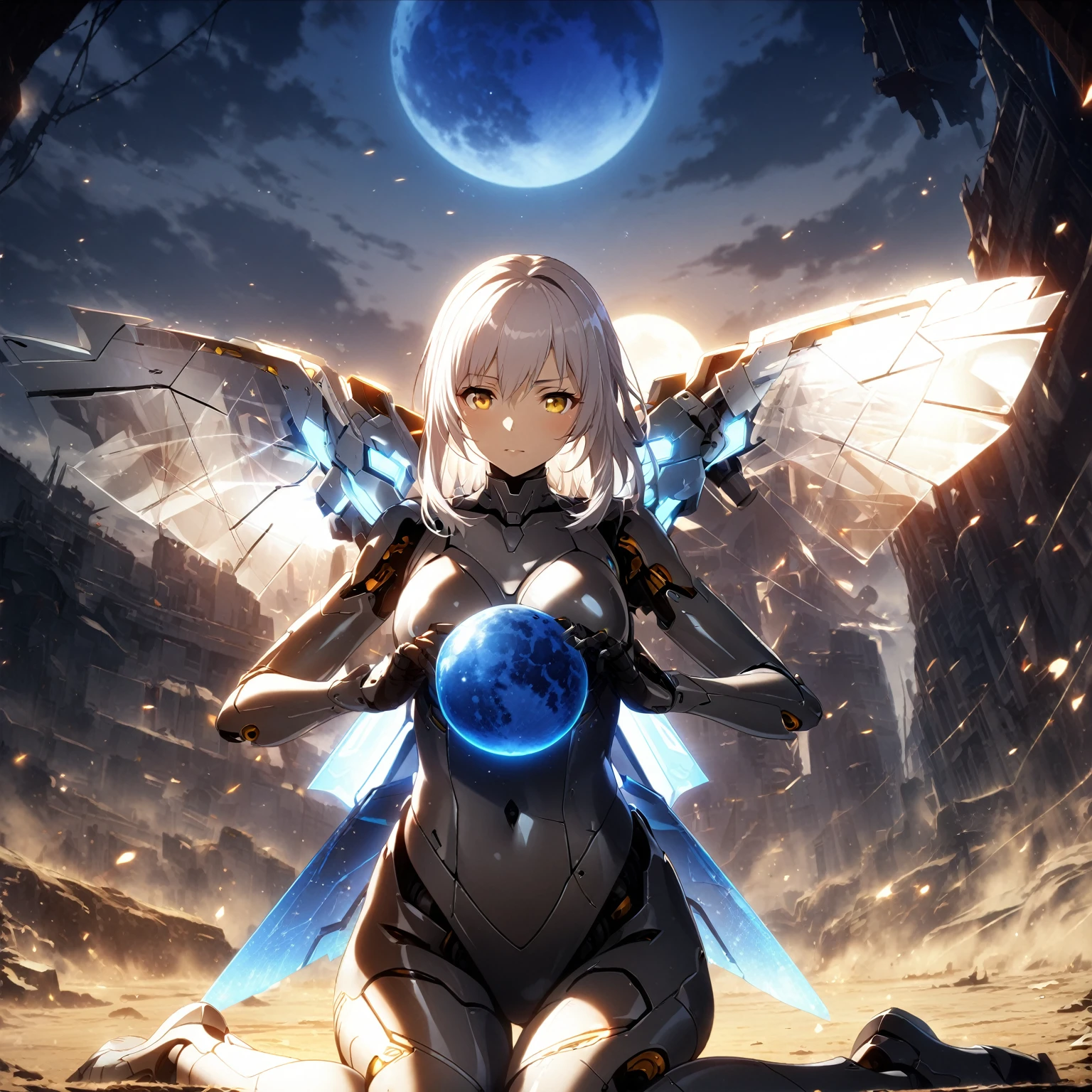 1girl、silver hair,gold eyes,Leotards, blackskin、Blue Moon,. clear vinyl dresses, wariza、mechanical wings,android, joints, robot joints、deep faint light 、 detailed CG、high resolution