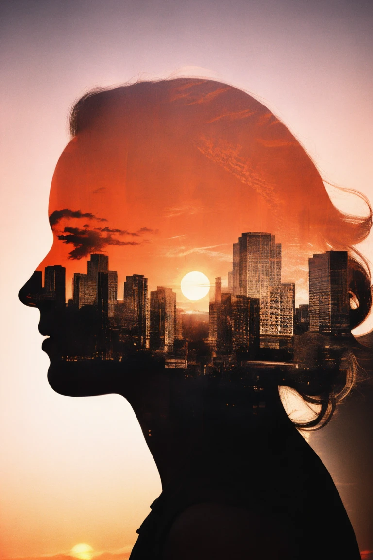 Fill the silhouette of a person with the warm hues of the setting sun,Madder sky,Fantasy, The contrast between the dark outline and the bright sky creates a striking double exposure.。.