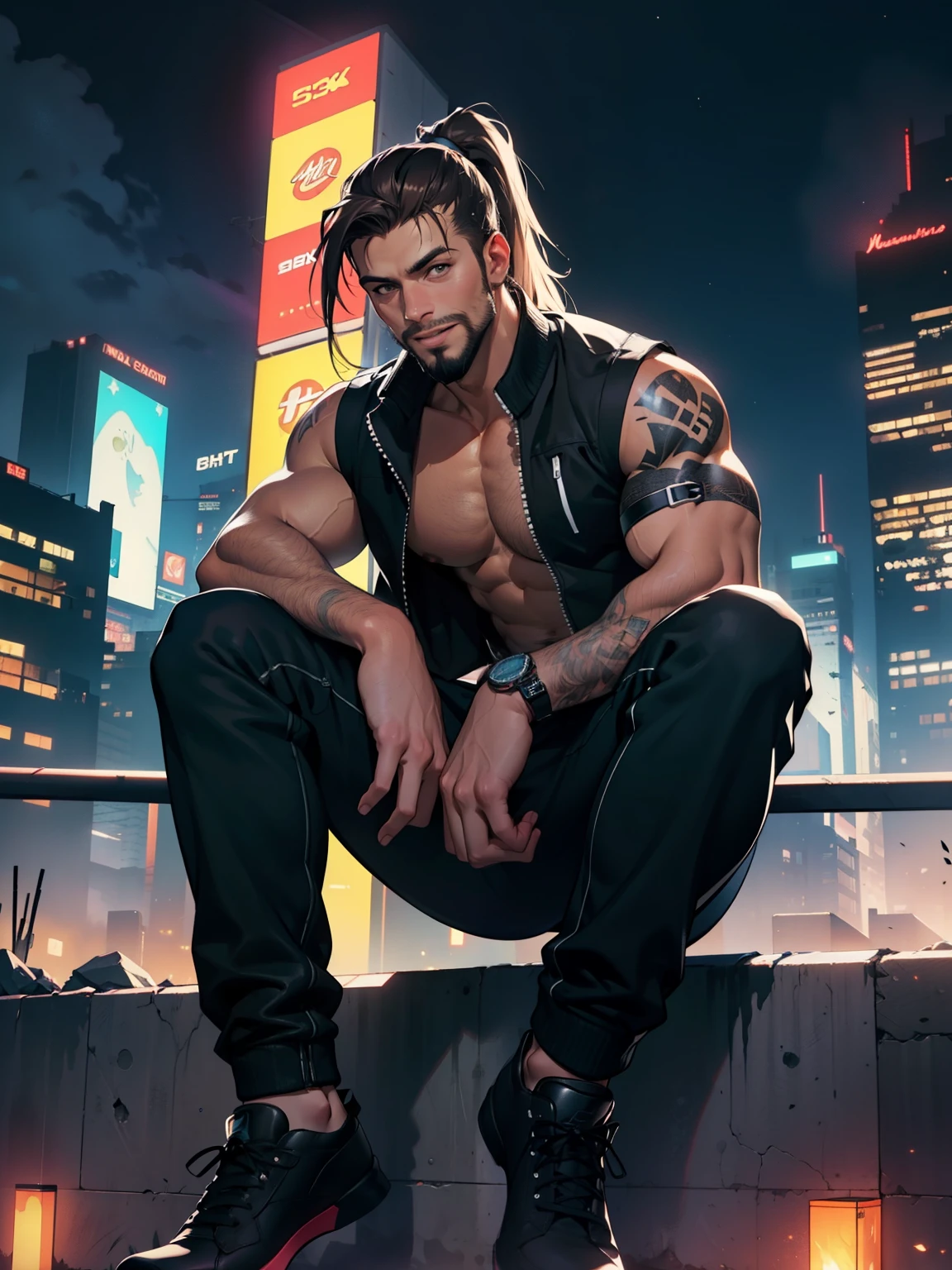 30 years old, male, ponytail, full beard, dark brown hair, sitting on top of a building, smile on face, open vest, blue clothes, bare hairy chest, neoprene pants, neon details, worked body, cyberpunk city background, starry sky, night, (Best Quality, 4k, 8k, high resolution, Masterpiece: 1.2), ultra detailed, Male portrait, very detailed face, detailed facial features, muscular build, spectacular lighting