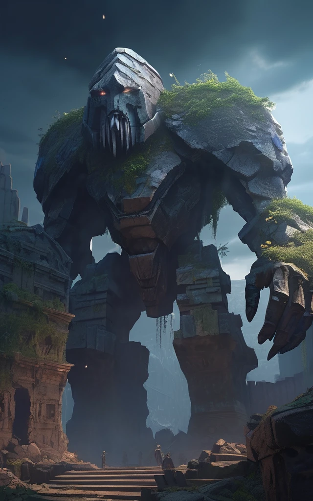 high fantasy aesthetics, highest quality, a dark and moody fantasy illustration of a goliath ice Golem on a palace hidden beneath the rubble of an abandoned city with secret passages and hidden rooms waiting to be discovered, featuring crumbling ruins and overgrown streets, high quality, highly detailed, 4k, 8k, earth giant, shining eyes, colorful