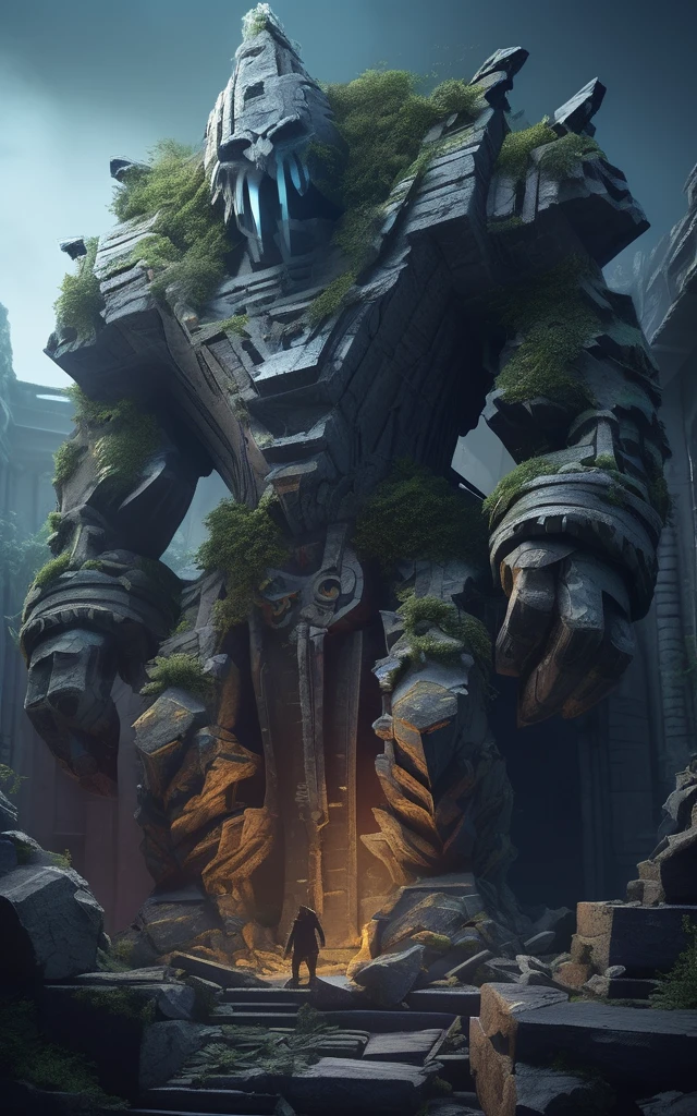 high fantasy aesthetics, highest quality, a dark and moody fantasy illustration of a goliath ice Golem on a palace hidden beneath the rubble of an abandoned city with secret passages and hidden rooms waiting to be discovered, featuring crumbling ruins and overgrown streets, high quality, highly detailed, 4k, 8k, earth giant, shining eyes, colorful