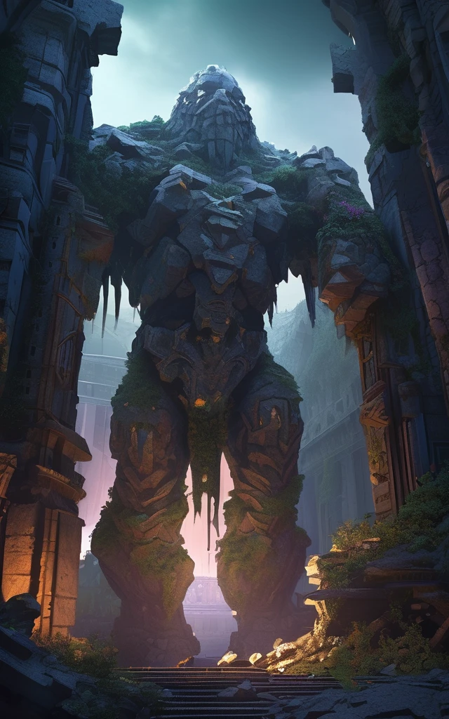 high fantasy aesthetics, highest quality, a dark and moody fantasy illustration of a goliath ice Golem on a palace hidden beneath the rubble of an abandoned city with secret passages and hidden rooms waiting to be discovered, featuring crumbling ruins and overgrown streets, high quality, highly detailed, 4k, 8k, earth giant, shining eyes, colorful
