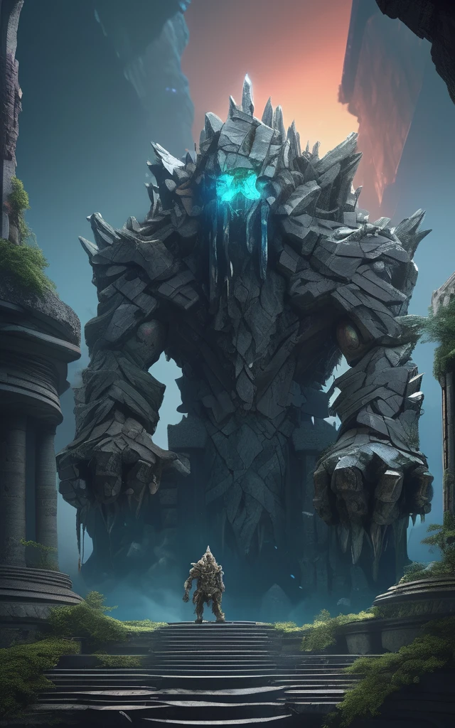 high fantasy aesthetics, highest quality, a dark and moody fantasy illustration of a goliath ice Golem on a palace hidden beneath the rubble of an abandoned city with secret passages and hidden rooms waiting to be discovered, featuring crumbling ruins and overgrown streets, high quality, highly detailed, 4k, 8k, earth giant, shining eyes, colorful