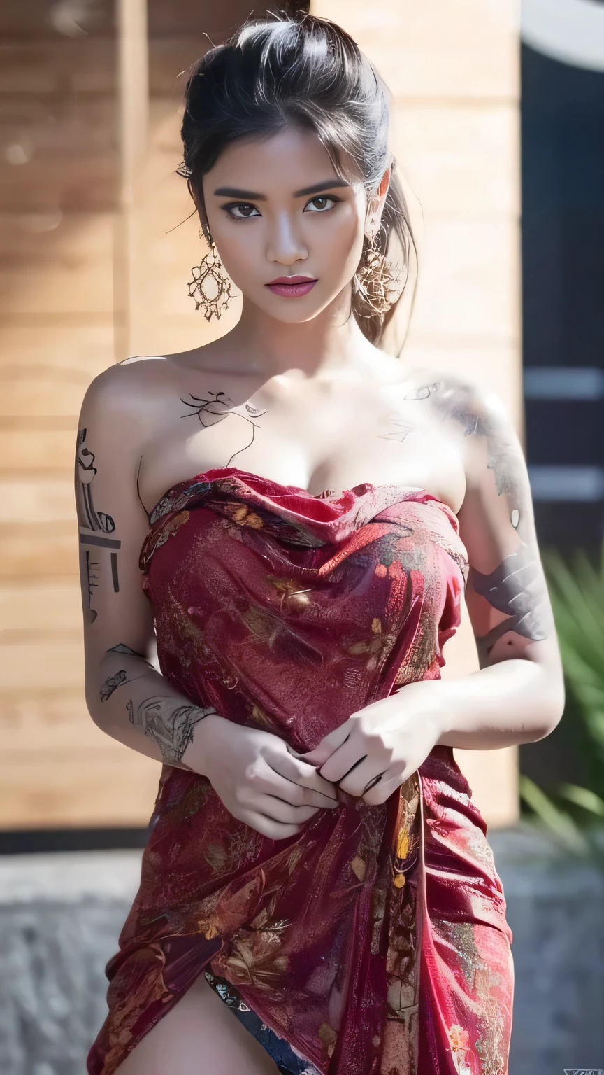 a beautiful girl with detailed tattoos on her body, ((text tattoo on body:LOVE)), wearing a sarong dress, beautiful detailed eyes, , cute girl, large breasts, earrings, photorealistic, masterpiece, 8k, realistic, hyperdetailed, cinematic lighting, dramatic lighting, natural skin tones, vivid colors, warm color palette