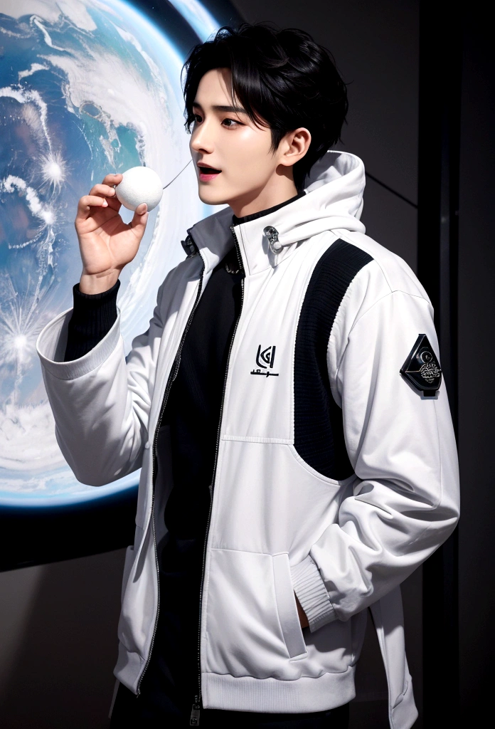 Man laughing with his mouth open, Arabic style image of a man wearing a white jacket and black knitted sweater in the style of space tech wear, Profile shot, Cai Xukun, Model is wearing a technical vest, Won Bin Lee, , Kentaro Miura!, Official product photos, xqc, Official product images, Official photo, Official photo, cyber future jacket, Official store photos, Official Art, Shin Jinyoung, , Won Bin Lee, Inspired by Zhang Han