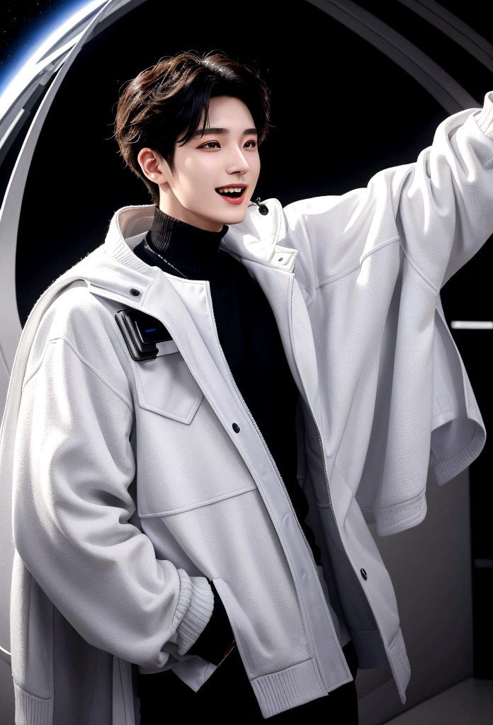 Man laughing with his mouth open, Arabic style image of a man wearing a white jacket and black knitted sweater in the style of space tech wear, Profile shot, Cai Xukun, Model is wearing a technical vest, Won Bin Lee, , Kentaro Miura!, Official product photos, xqc, Official product images, Official photo, Official photo, cyber future jacket, Official store photos, Official Art, Shin Jinyoung, , Won Bin Lee, Inspired by Zhang Han