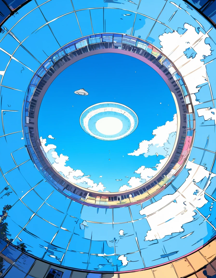 extremely clear 8K wallpaper, pop art, extremely beautiful scenery:1.3, absurdres, masterpiece, pixiv contest winner, by Posuka Demizu, Dynamic Japanese-anime style illustrations of an UFO is soaking in school pool.,