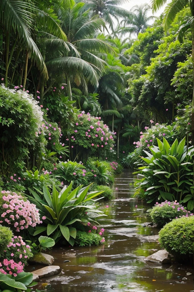 I need a landscape, something like a jungle, with many flowers, and as if it had just rained, something nice