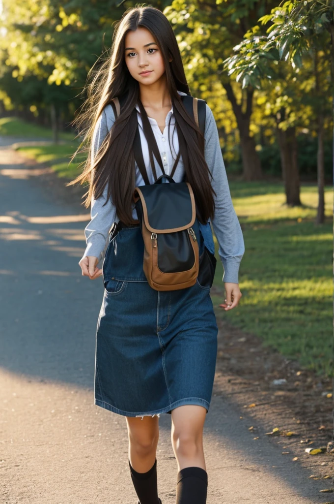 Virtual image Beautiful girl with long hair walking with her backpack on.