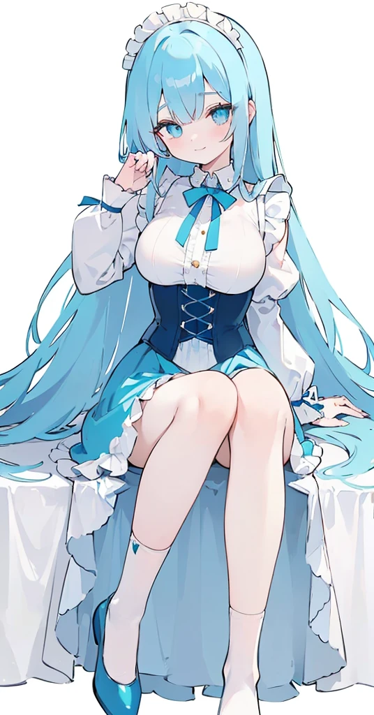 (long beautiful blue hair) cyan eyes, (Eyes behind long bangs) big breasts, using accessories (using socks) perfect shiny beautiful cyan shoes (Wearing luxurious palace maid clothes Perfect perfect noble) Pose facing sideways (Girl1, straight hair not too long, bangs covering one eye, soft face, gentle smile) long hair, beautiful cyan eyes (Free pose, right hand down, left hand down, ((Free pose))smile kawai, (blank white background) Wearing a blue corset, (Using a beautiful bright blue ribbon) Kawai shy cute eyes (cyan colored shoes must be shiny, Must wear short white socks)