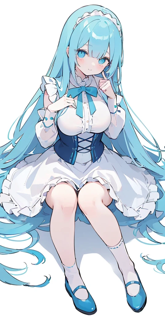 (long beautiful blue hair) cyan eyes, (Eyes behind long bangs) big breasts, using accessories (using socks) perfect shiny beautiful cyan shoes (Wearing luxurious palace maid clothes Perfect perfect noble) Pose facing sideways (Girl1, straight hair not too long, bangs covering one eye, soft face, gentle smile) long hair, beautiful cyan eyes (Free pose, right hand down, left hand down, ((Free pose))smile kawai, (blank white background) Wearing a blue corset, (Using a beautiful bright blue ribbon) Kawai shy cute eyes (cyan colored shoes must be shiny, Must wear short white socks)