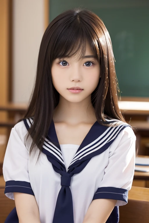 ((masterpiece, Highest quality, High resolution)), 1 Japanese girl, (Realistic: 1.4),Great face and eyes, iris, , Medium Hair, (Beautiful Hair:1.5), (Skinny body type:1.2), Glowing Skin, (Sailor suit:1.2), Sit at a desk, School classroom, Top View, Smooth, Highly detailed CG composite 8K wallpaper, High resolution RAW color photos, Professional photography, Light, BackLight, dream-like, impressive, Written boundary depth