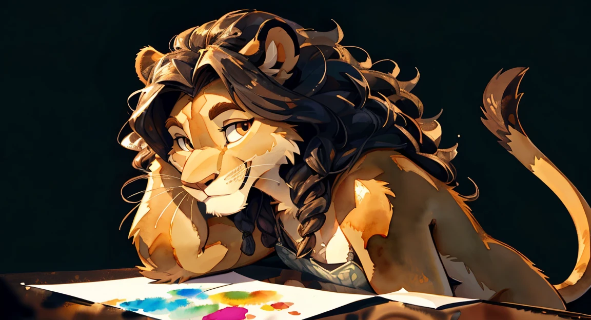 solo, (half portrait, three quarter view:1.1), (watercolor paint, on paper:1.4),
by haps, by Cory Loftis, by Yuumei, by braeburned, by Tom Whalen, by Shiitakemeshi, by Catcouch,
(furry, beautiful yellow lioness female, mature, cute, expressive face, proud, smirk :1.2) , fluffy, (dark auburn long extremely curly hair, brown eyes), curvy, titled head, wide shoulder,
masterpiece, best quality, 4k, 2k, (intricate:0.9), absurdres, good face, watery eyes, clean background, detailed character design. (cel shading, lineless:0.7)