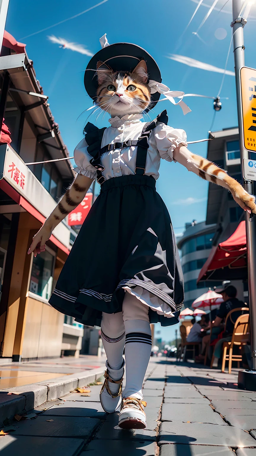 (Highest quality, masterpiece:1.2), pressure, 1 female maid, Cat in the face, Sidewalk in the shopping street。She jumped into the air。She is floating in the air。(fall:1.3), (Hollow:1.2), (floating:1.2), Dynamic low-angle shooting。 Rise from the ground。 levitation。 floating over a city sidewalk。 Very detailed(空に浮かぶ少女のプロのphotograph:1.37)、Bend your legs slightly、The skirt spreads out slightly。Browsing Caution。Depth of written boundary, High resolution, 超High resolution, 8K, Very detailed, Realistic, Sun light。Maid work clothes。Ribbons, lace, frills and skirts。knees。photograph。Staring at the camera。Face Focus。(((Shooting from below:1.4)))