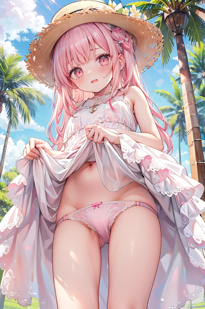 masterpiece, best quality, nsfw,
1girl, view from below,
(lift up the white dress:1.4), white dress, (pink panties:1.5), straw hat, pink hair, embarrassed face,
grassland,