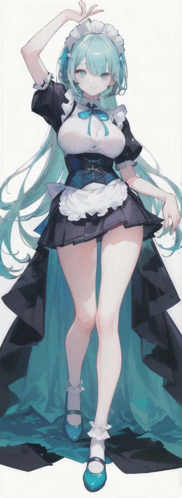 (long beautiful red hair) cyan eyes, (Eyes behind long bangs) big breasts, using accessories (using socks) perfect shiny beautiful cyan shoes (Wearing luxurious palace maid clothes Perfect perfect noble) Pose facing sideways (Girl1, straight hair not too long, bangs covering one eye, soft face, gentle smile) ((Standing position with long legs, bare thighs, image position visible from bottom of feet to top of head) long red hair, beautiful cyan eyes (Free pose, right hand down, left hand down, ((Free pose))smile kawai, (blank white background) Wearing a blue corset, (Using a beautiful bright blue ribbon) Kawai shy cute eyes (cyan colored shoes must be shiny, Must wear short white socks) ((short skirt)) short sleeves (image according to tag) Straight hair