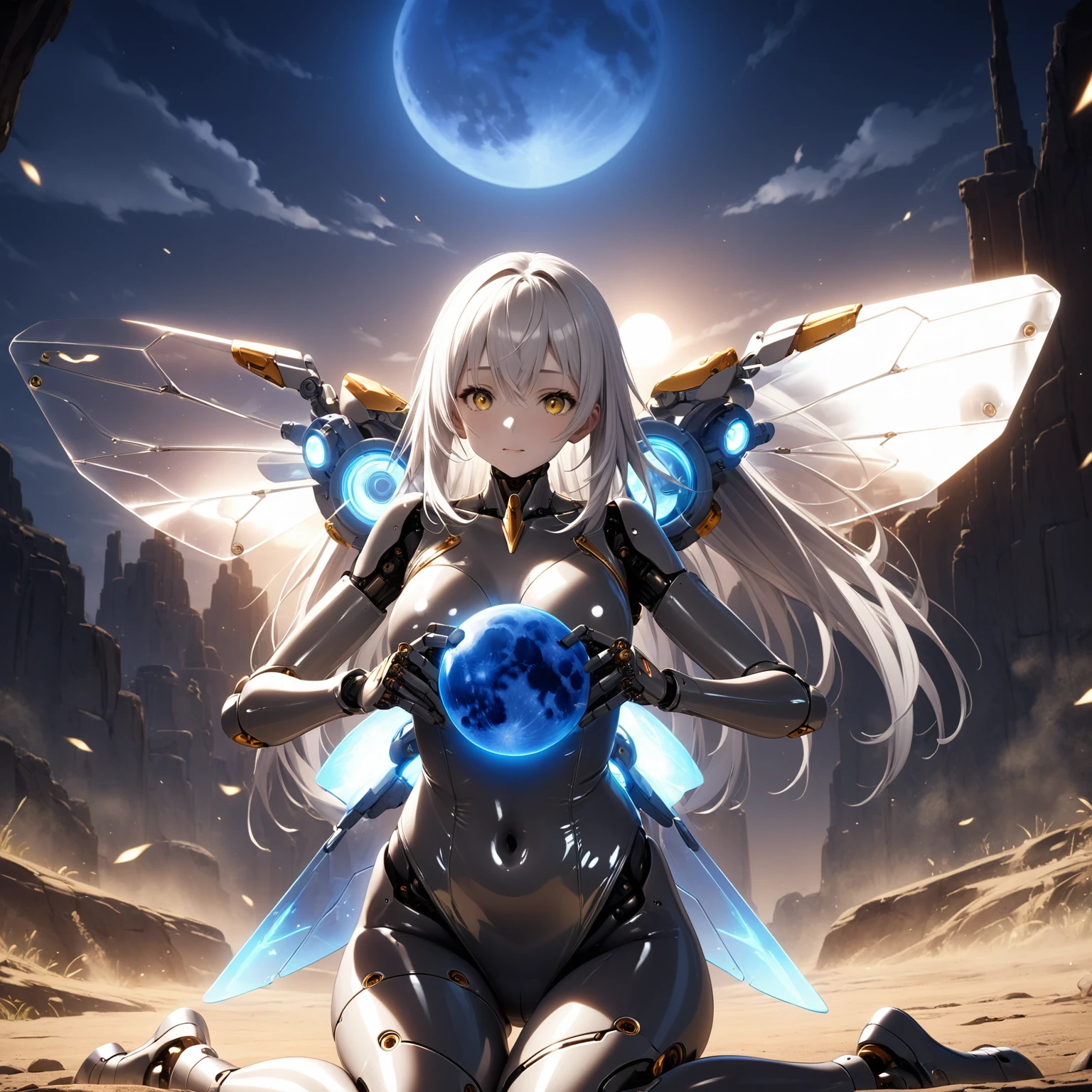 1girl、silver hair,gold eyes,Leotards, blackskin、Blue Moon,. clear vinyl dresses, wariza、mechanical wings,android, joints, robot joints、deep faint light 、 detailed CG、high resolution