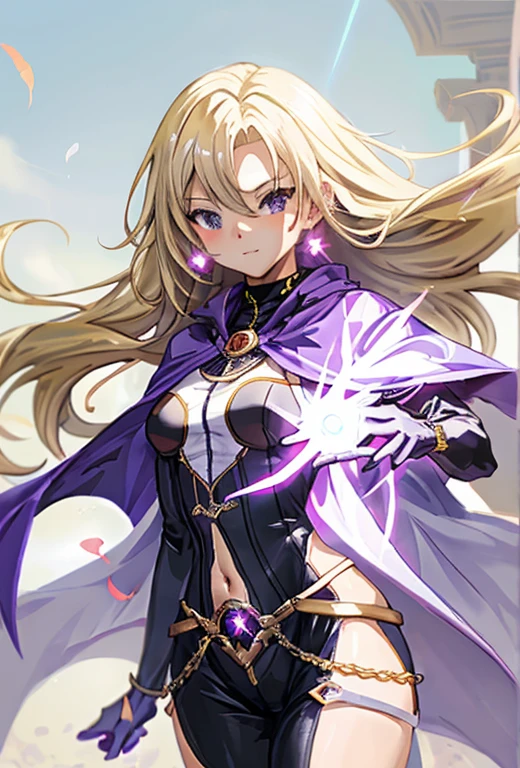 magic neclace, black cape, top negro , faja roja estilo medieval, piernas ciberneticas estilo futurista, blonde hair, asymmetrical hair, long hair, eyeball, purple eyes, longeyelashes, pensive, anime style, depth of field, bloom, from below, atmospheric perspective, f/1.8, anatomically correct, award winning, HD, 16k